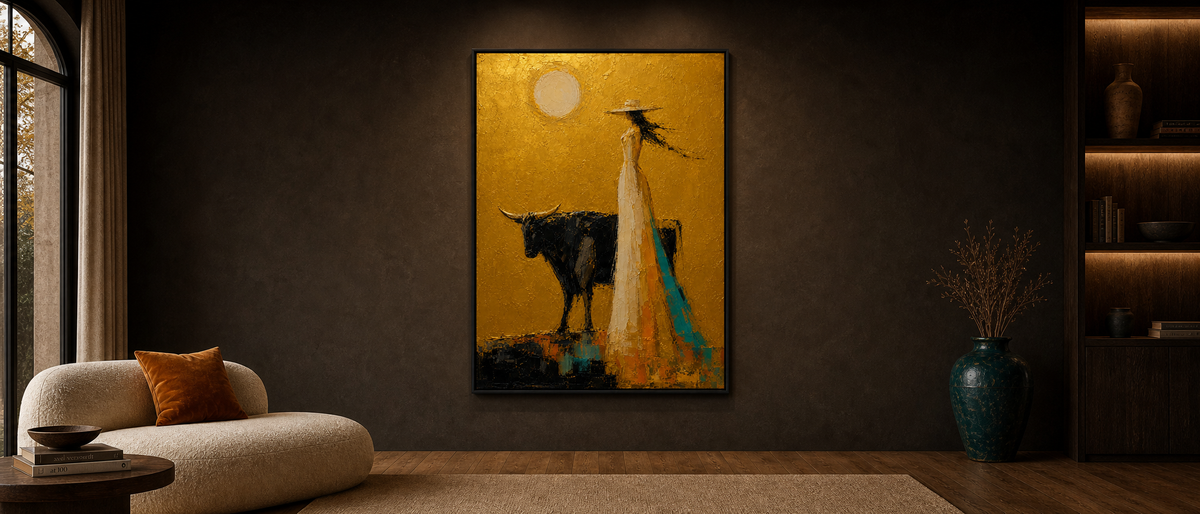 Woman with Black Bull in Golden Field