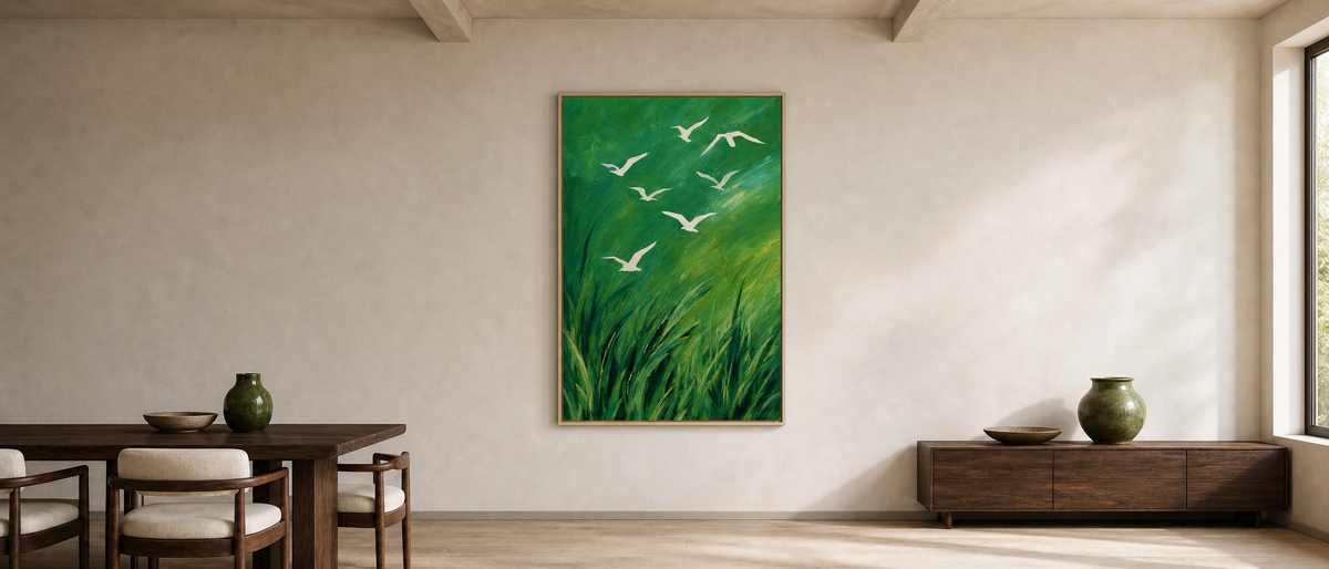 White Birds Over Emerald Grass