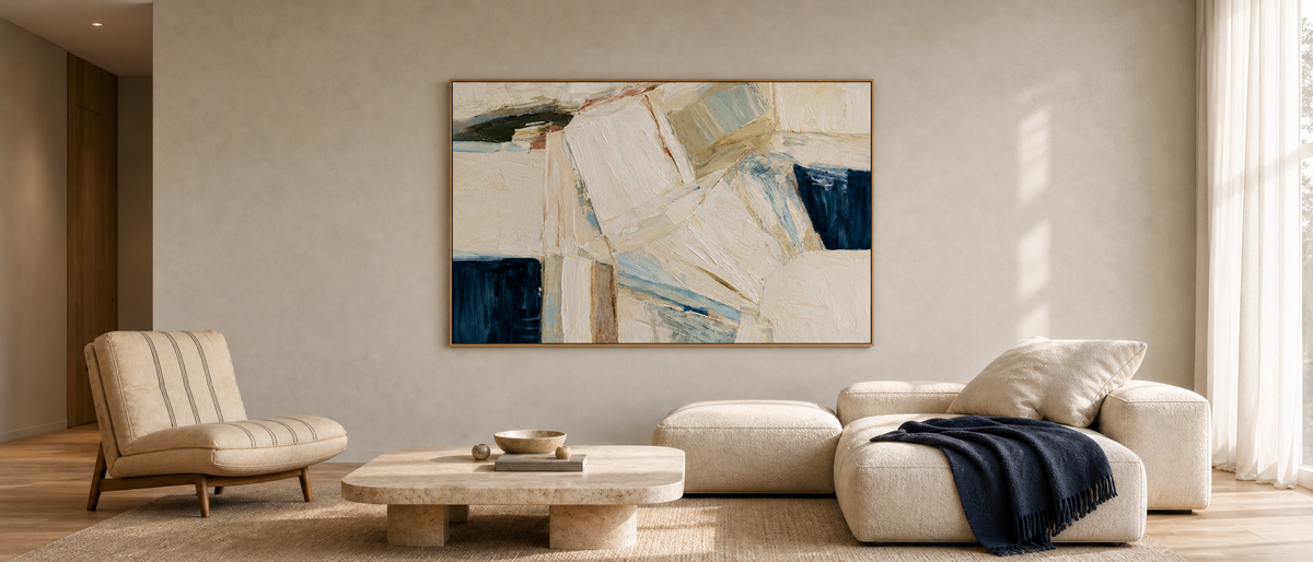 Faceted Neutrals with Deep Blue Accents