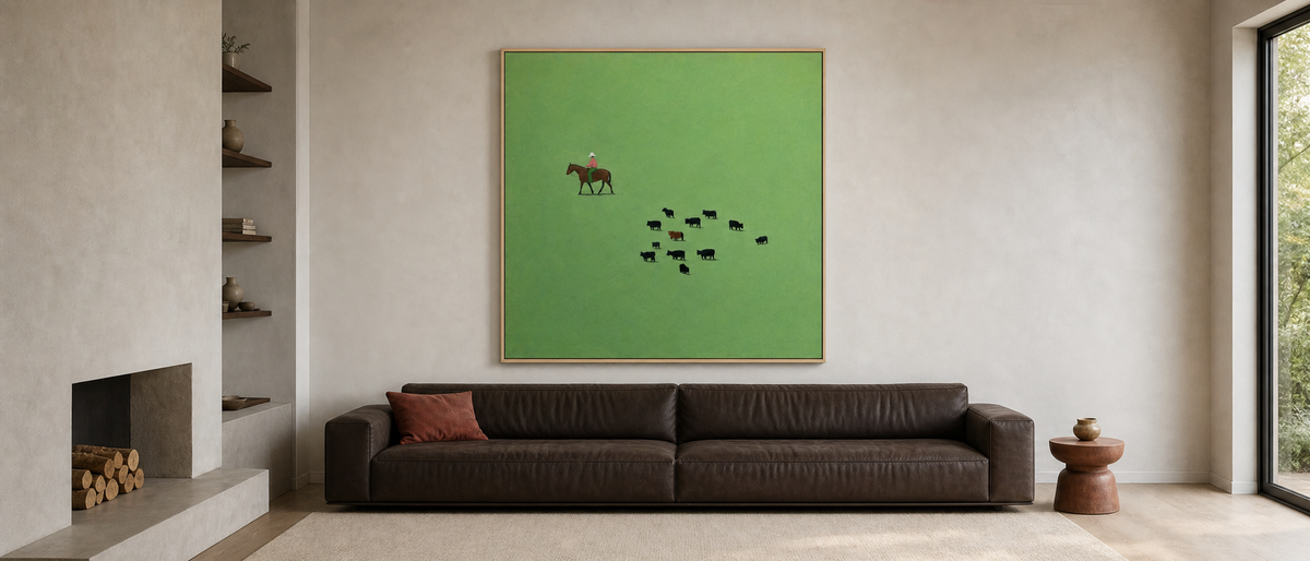 Herd and Rider on Green Field