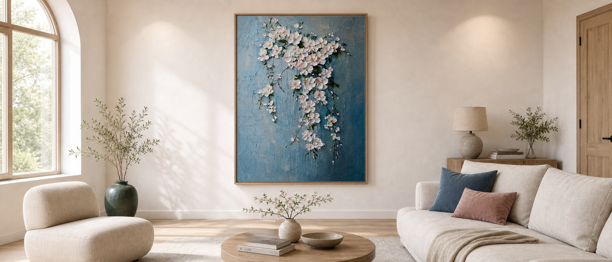 Cascading Blossoms on Slate Blue