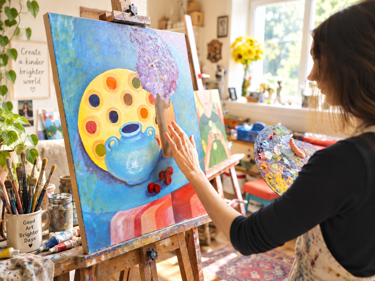 Artist hand-painting an original oil painting in the studio
