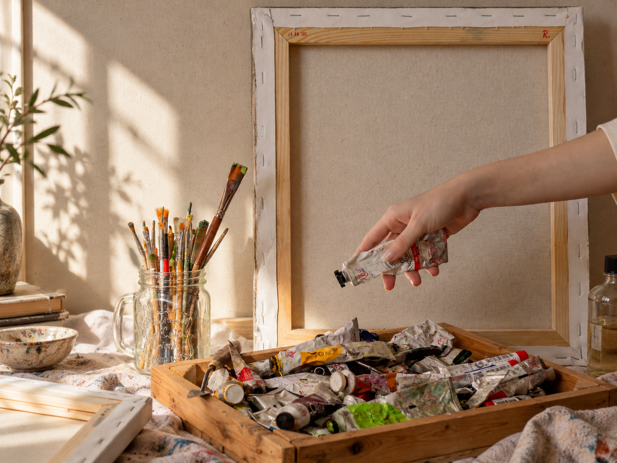 Premium cotton canvas and oil-painting materials in the studio