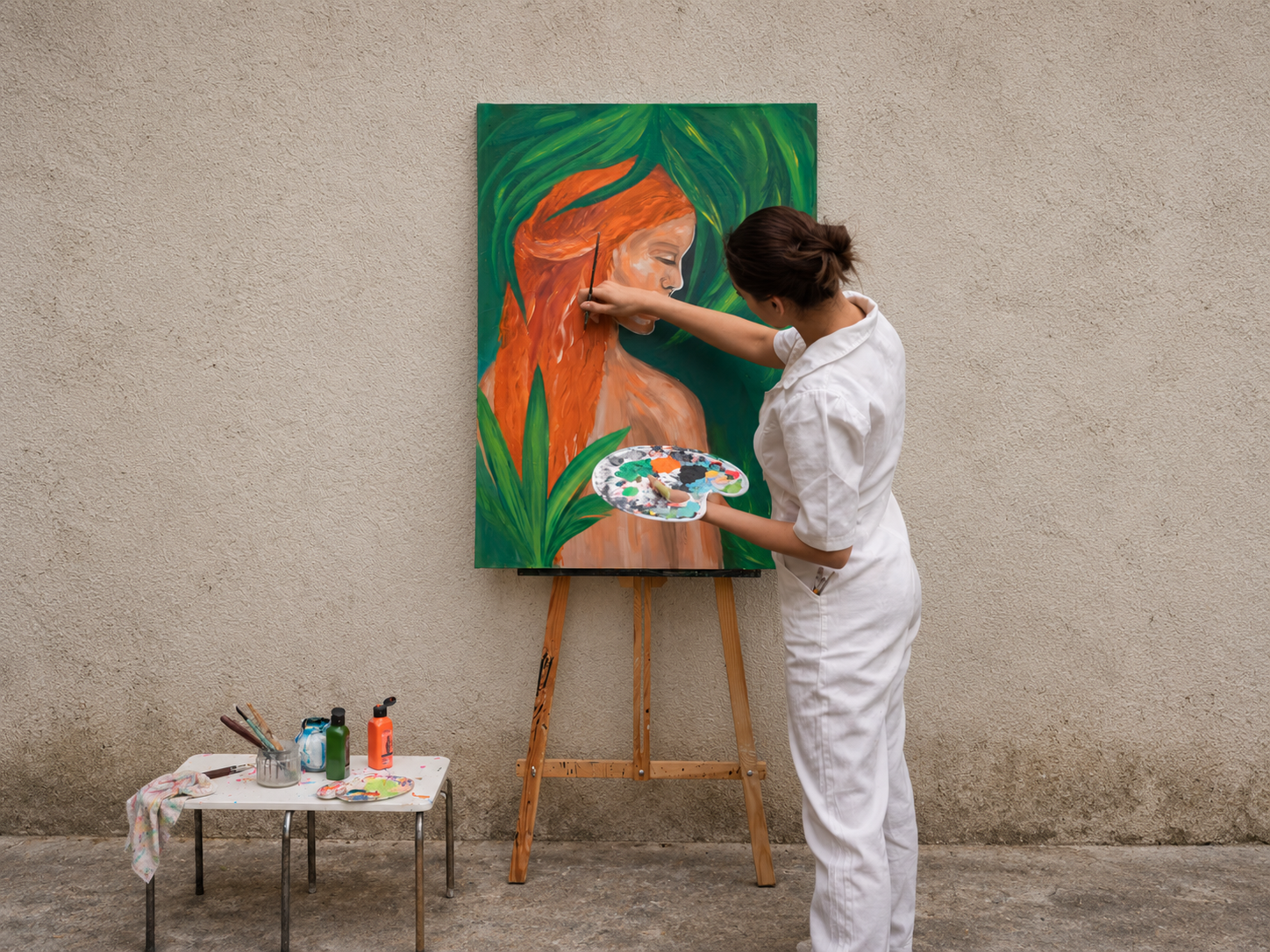 An artist painting an original work on an easel