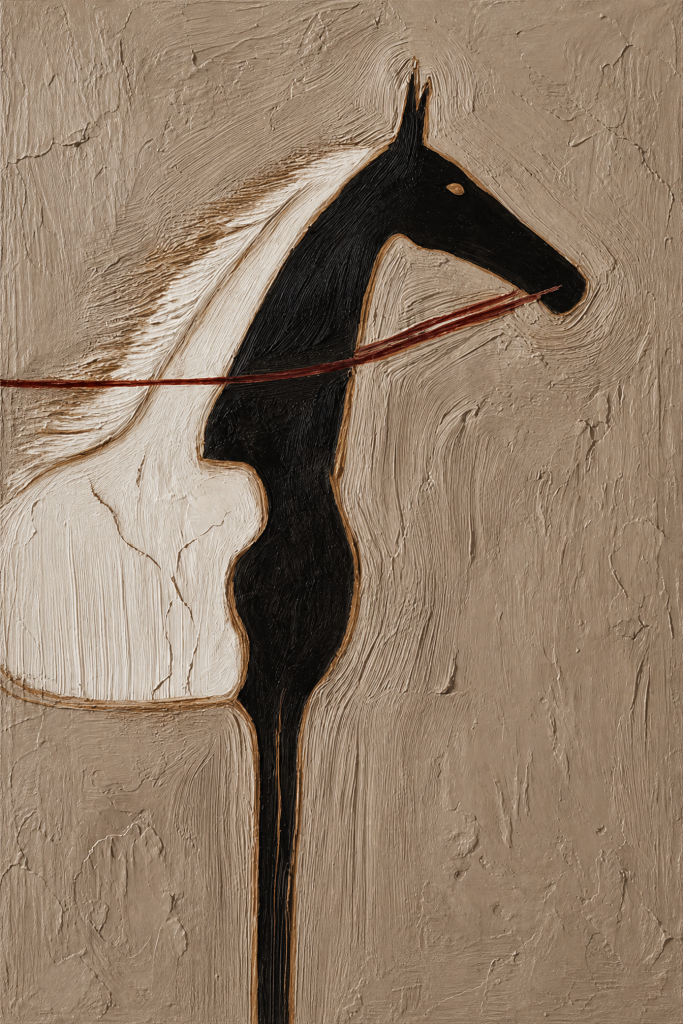 Black Horse and Ivory Mane on Greige Ground – Oil Painting artwork
