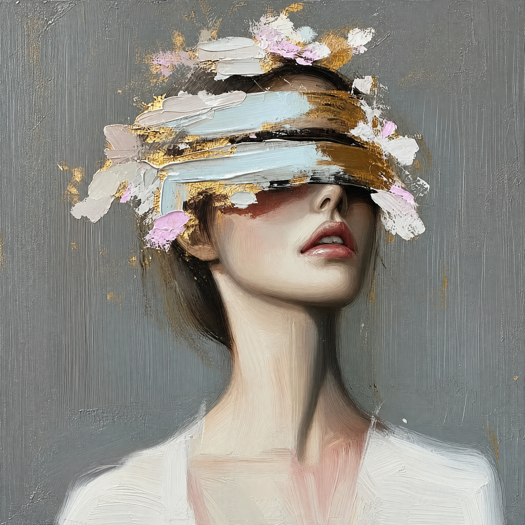 Blindfolded Muse in Gold and Blossom – Oil Painting artwork