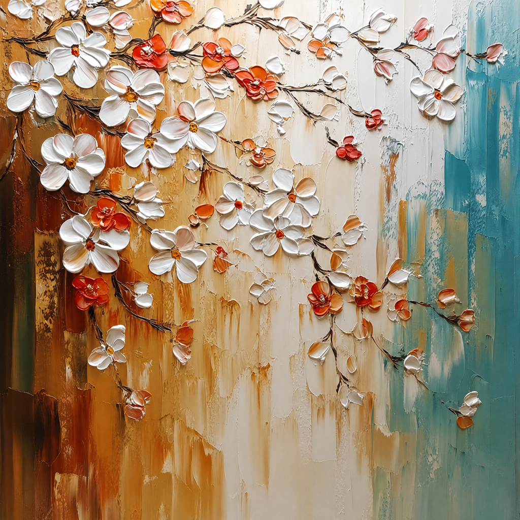 Blossom Drift in Amber and Teal – Oil Painting artwork