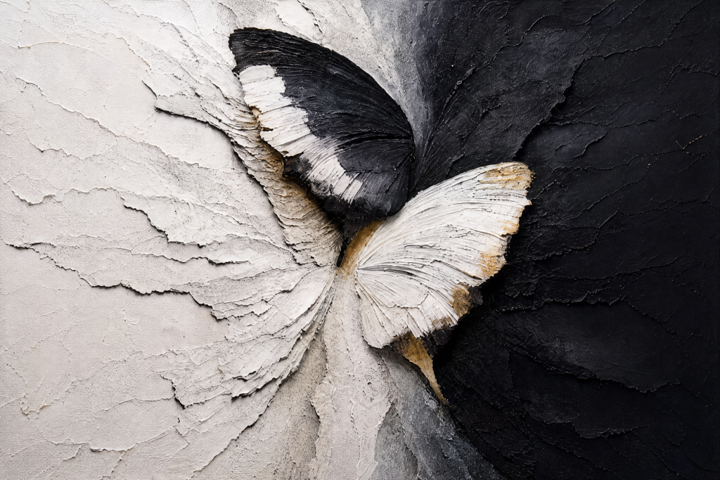 Butterfly in Black and White Textured Plaster – Oil Painting artwork