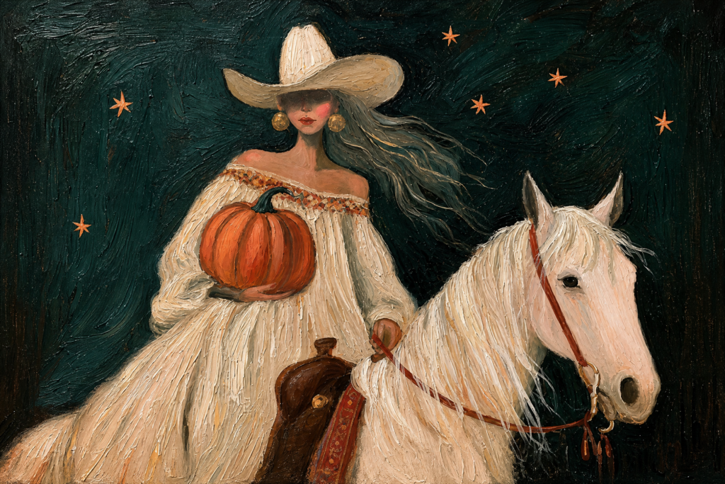 Cowgirl with Pumpkin on White Horse – Oil Painting artwork