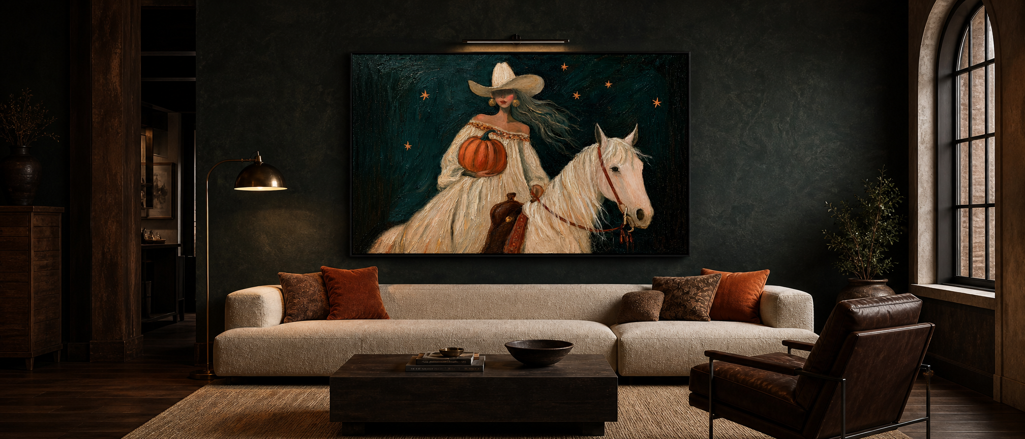 Cowgirl with Pumpkin on White Horse – Oil Painting displayed in a room
