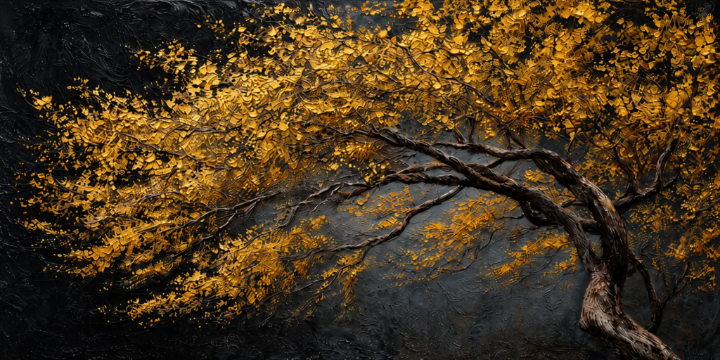 Golden Blossom Tree on Charcoal – Oil Painting artwork