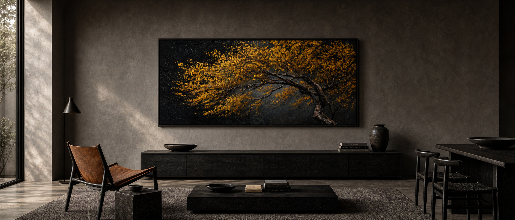 Golden Blossom Tree on Charcoal – Oil Painting displayed in a room