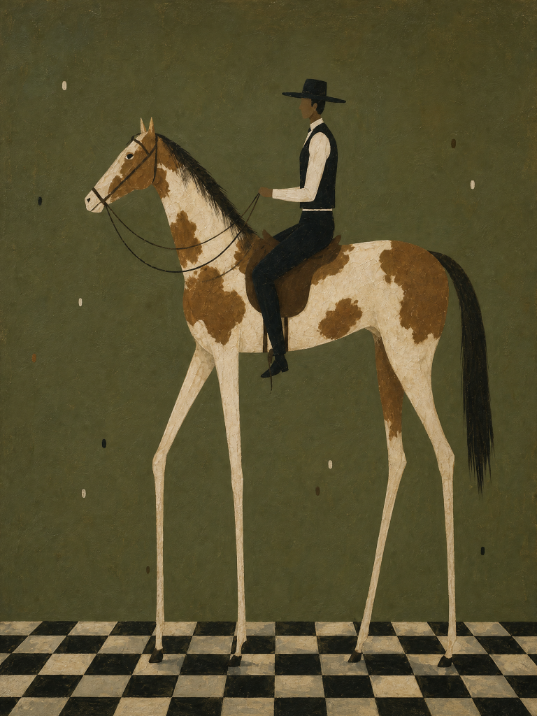 Long-Legged Pinto Rider on Olive Ground – Oil Painting artwork