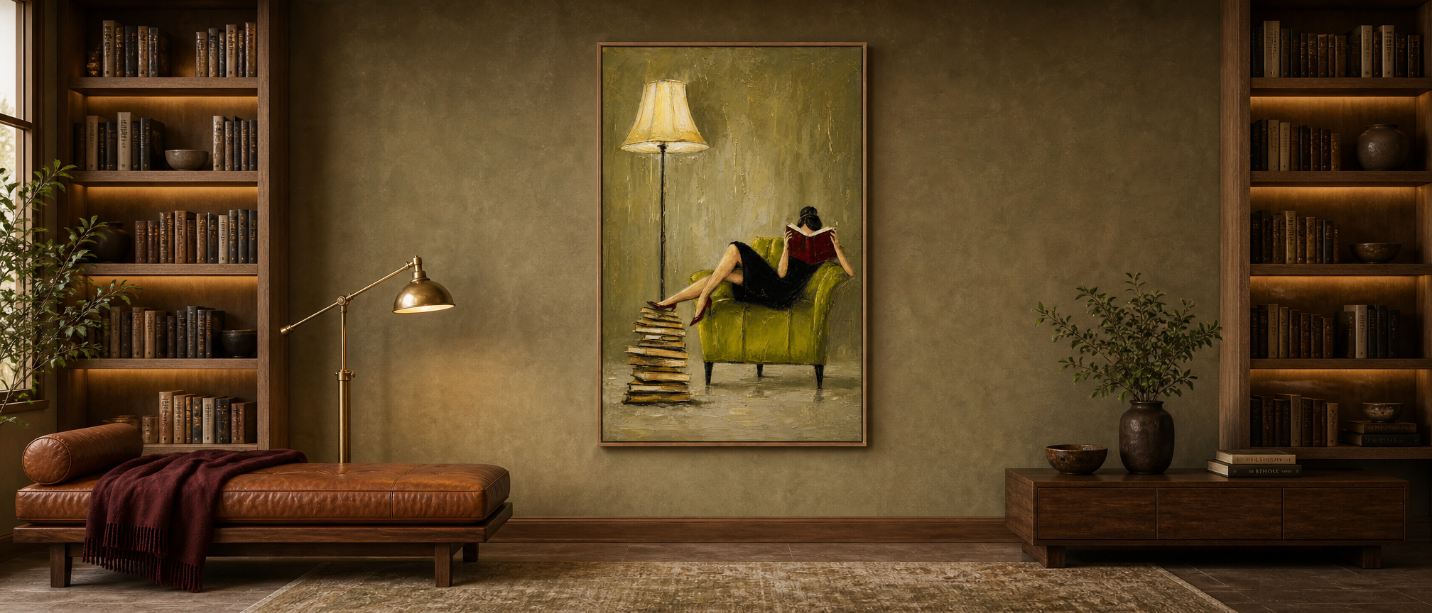 Reading by Lamplight – Oil Painting displayed in a room