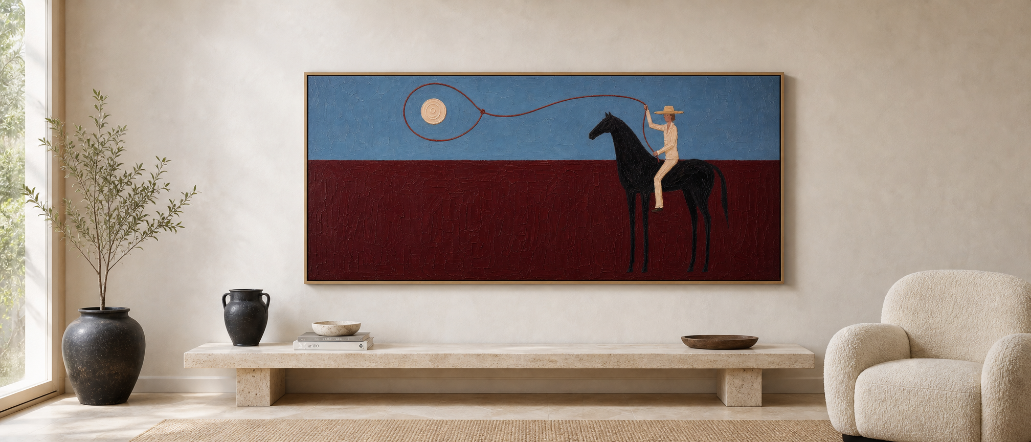 Roping the Sun – Oil Painting displayed in a room