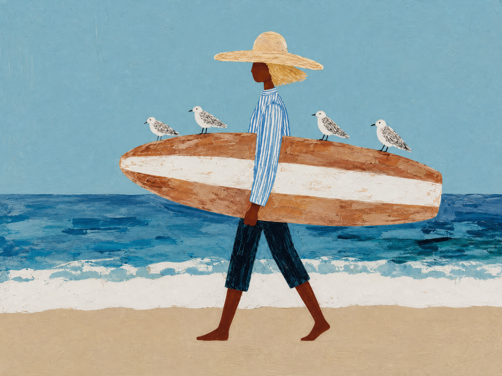 Surfer Girl with Seagulls – Oil Painting artwork