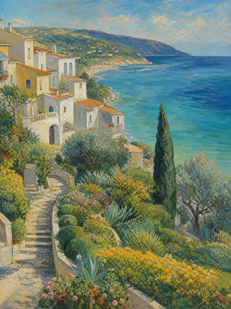 Terraced Gardens Above the Azure Bay – Oil Painting artwork