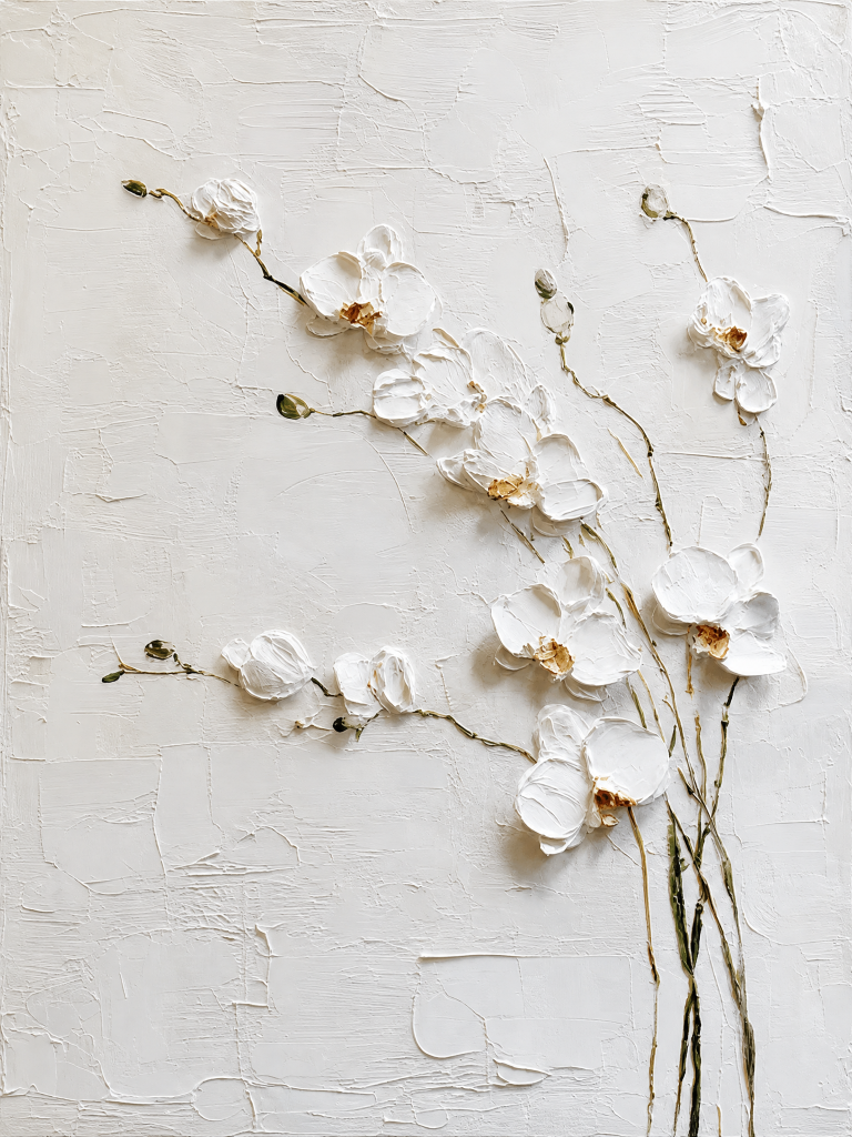 White Orchids on Textured Ivory – Oil Painting artwork