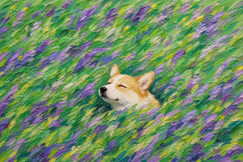 Corgi Contentment in a Meadow of Wildflowers – Oil Painting artwork