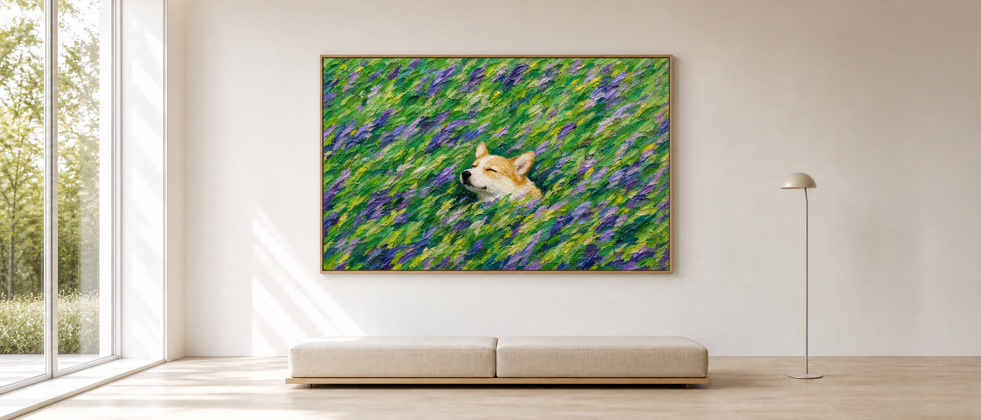 Corgi Contentment in a Meadow of Wildflowers – Oil Painting displayed in a room