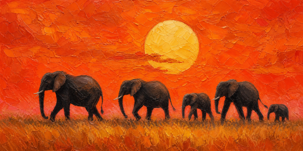 Elephant Herd at Sunset – Oil Painting artwork