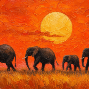 Elephant Herd at Sunset – Oil Painting artwork