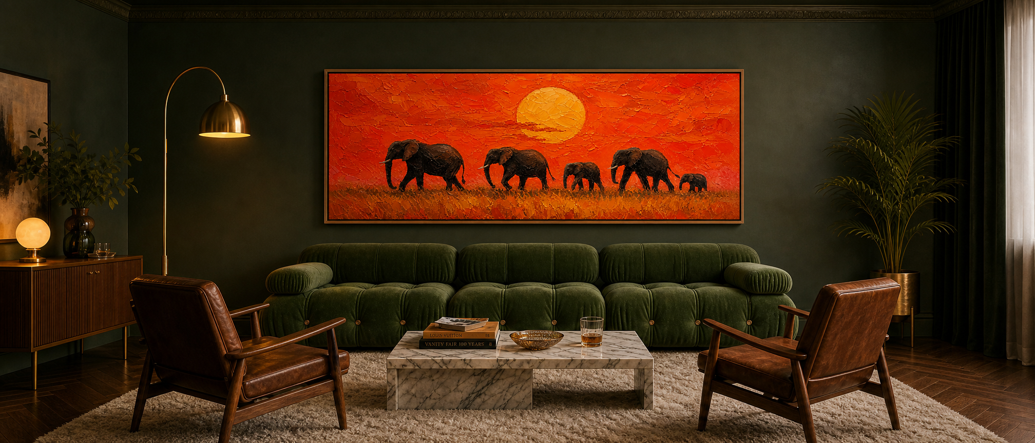 Elephant Herd at Sunset – Oil Painting displayed in a room