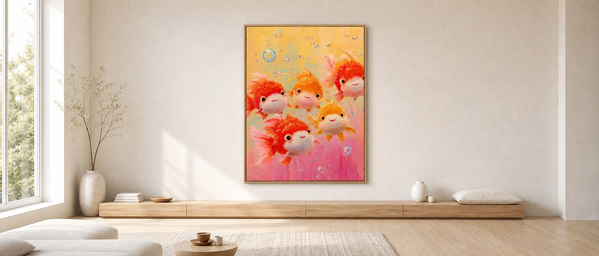 Five Cheerful Goldfish – Oil Painting displayed in a room