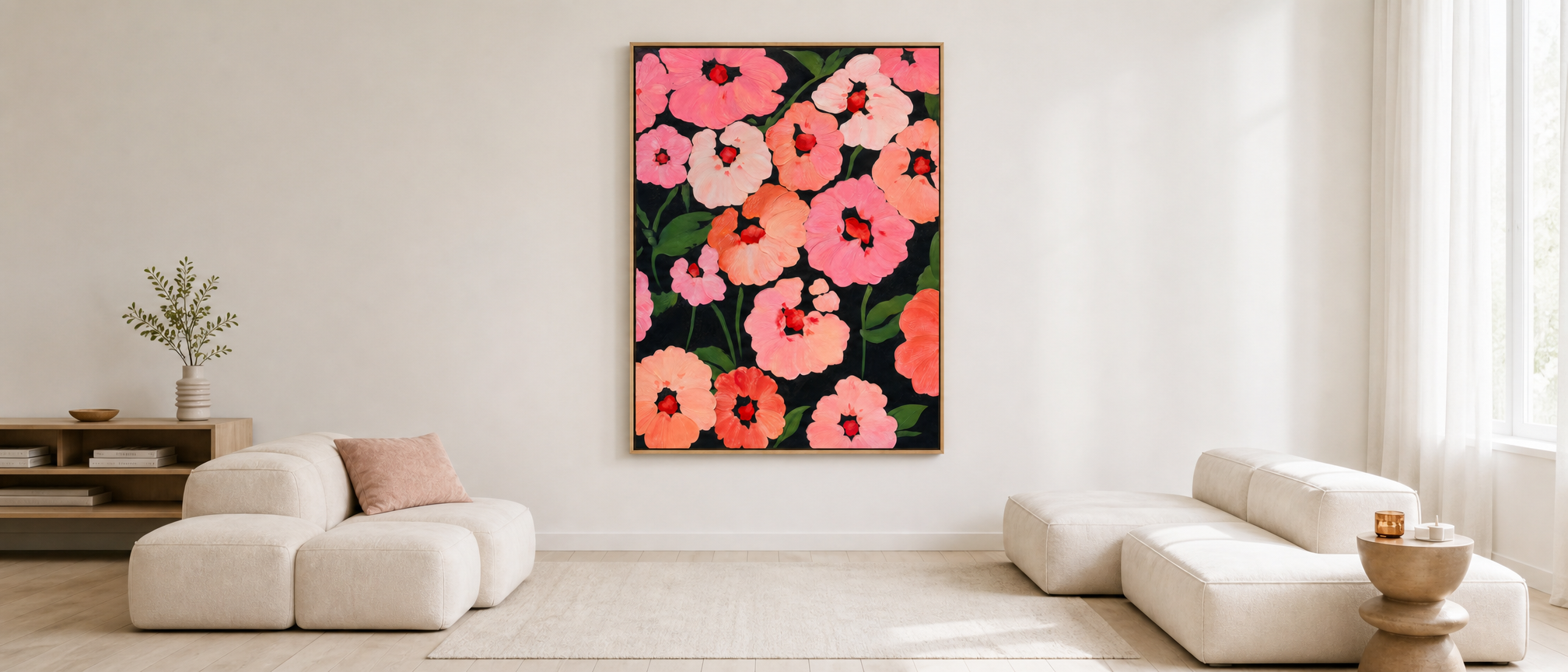 Poppies on Black – Acrylic Painting displayed in a room